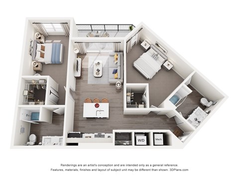 Floor plan for 2 beds, 2 baths, 1195 sqft